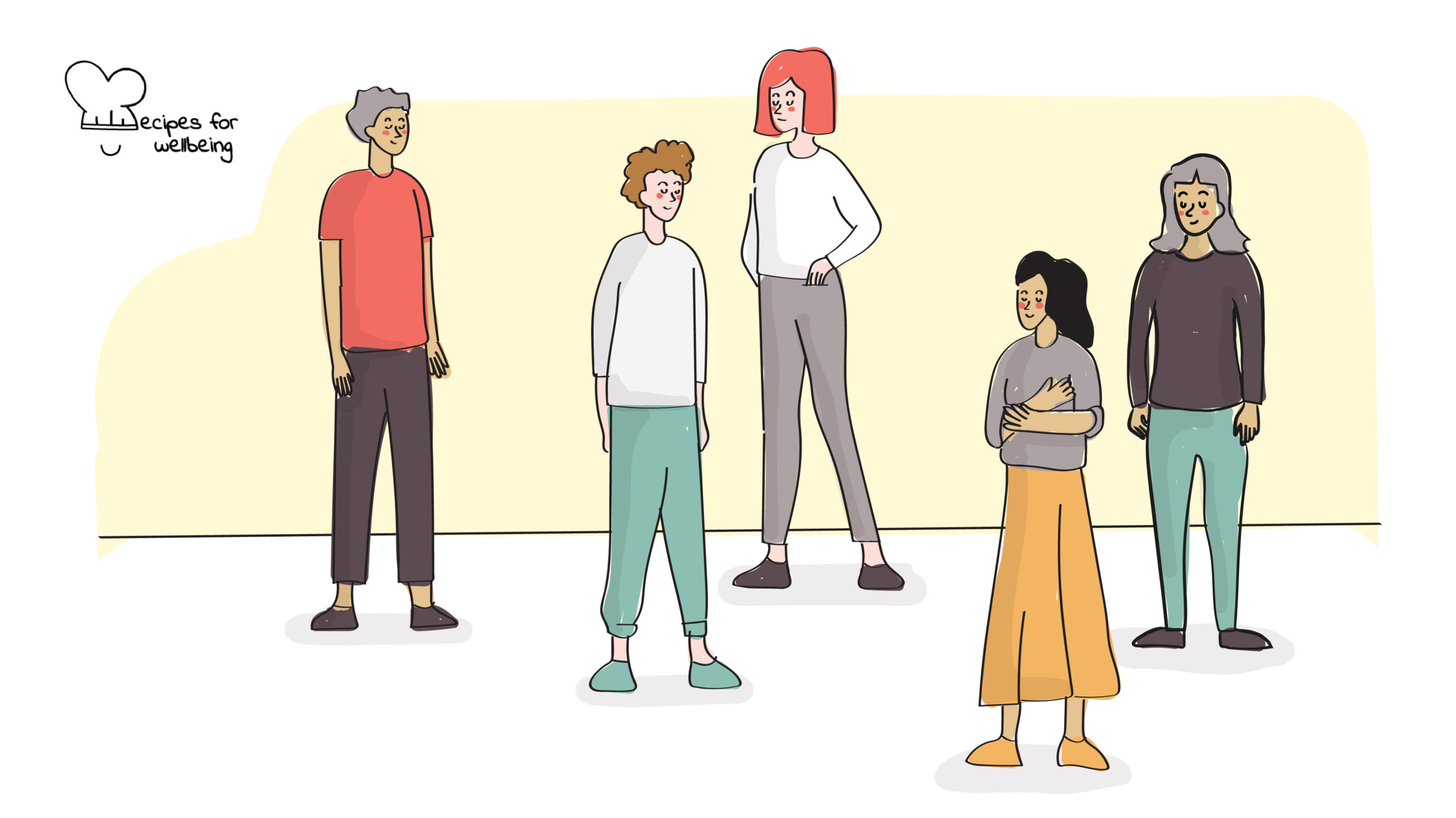 Illustration of people standing in different lines. © Recipes for Wellbeing
