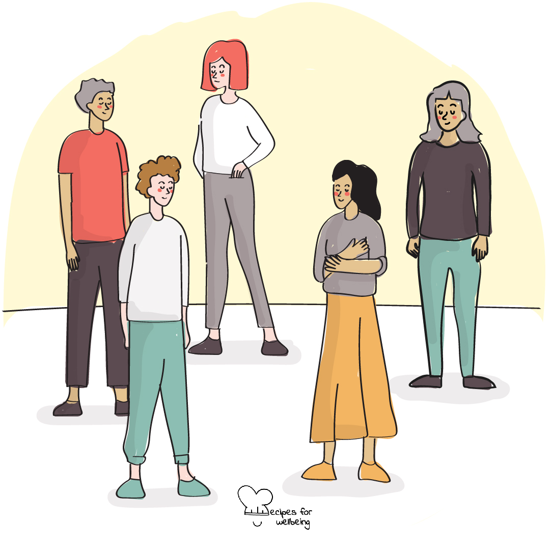 Illustration of people standing in different lines. © Recipes for Wellbeing