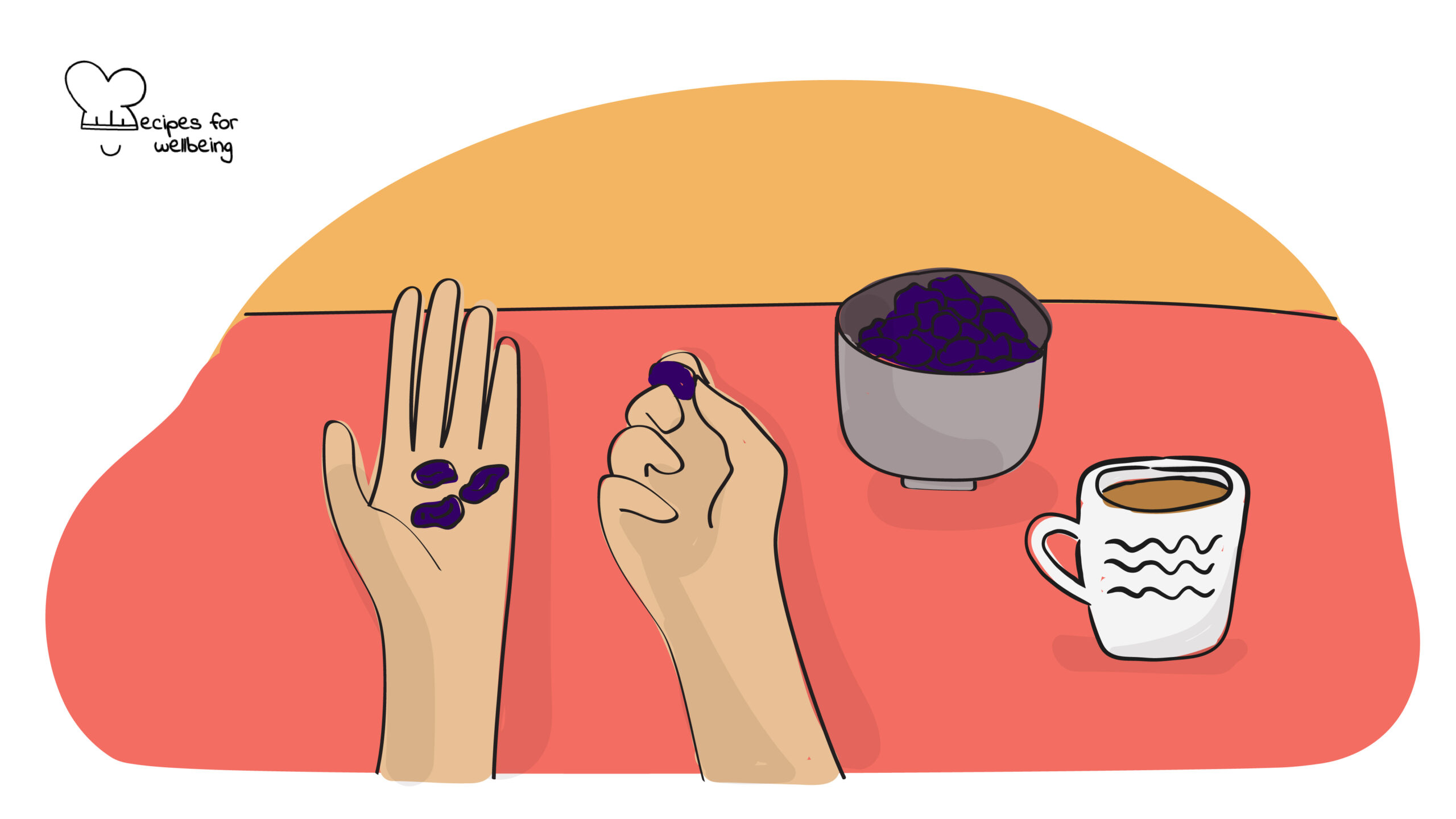 Illustration of a person's hand holding a few raisins). © Recipes for Wellbeing