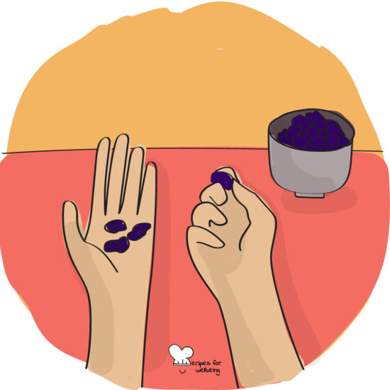 Illustration of a person's hand holding a few raisins). © Recipes for Wellbeing