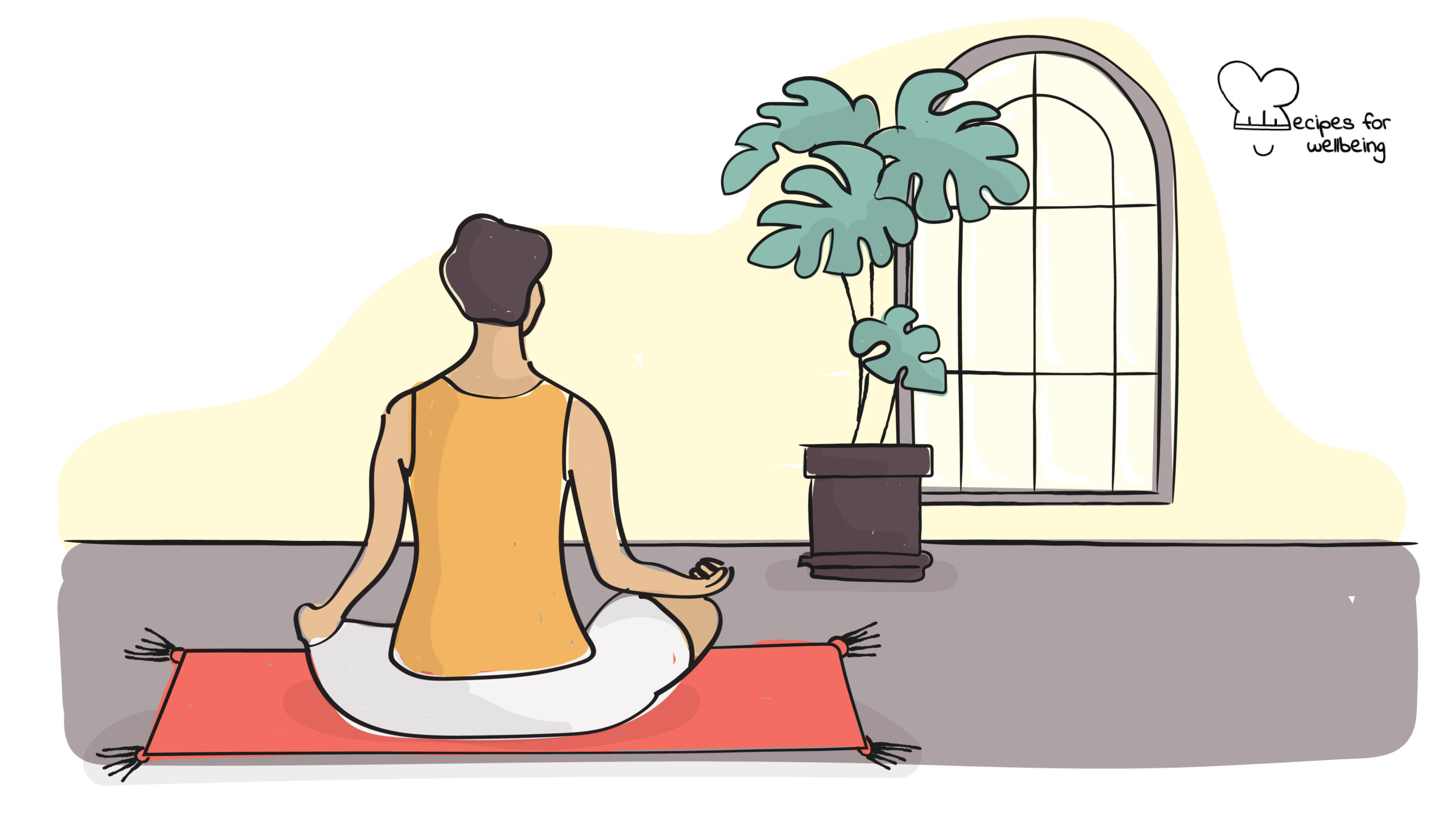 Illustration of a person sitting cross-legged on the floor in a meditative pose. © Recipes for Wellbeing