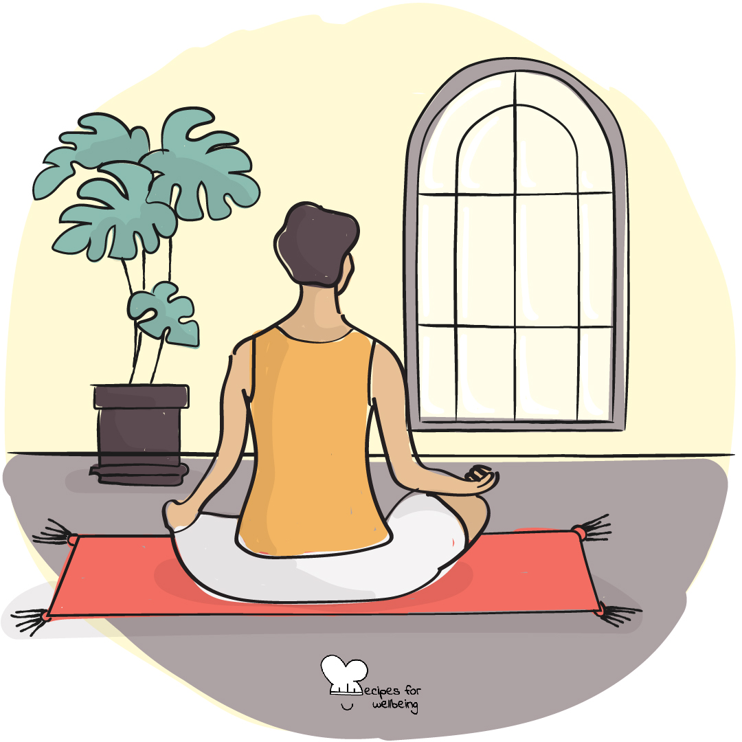 Illustration of a person sitting cross-legged on the floor in a meditative pose. © Recipes for Wellbeing