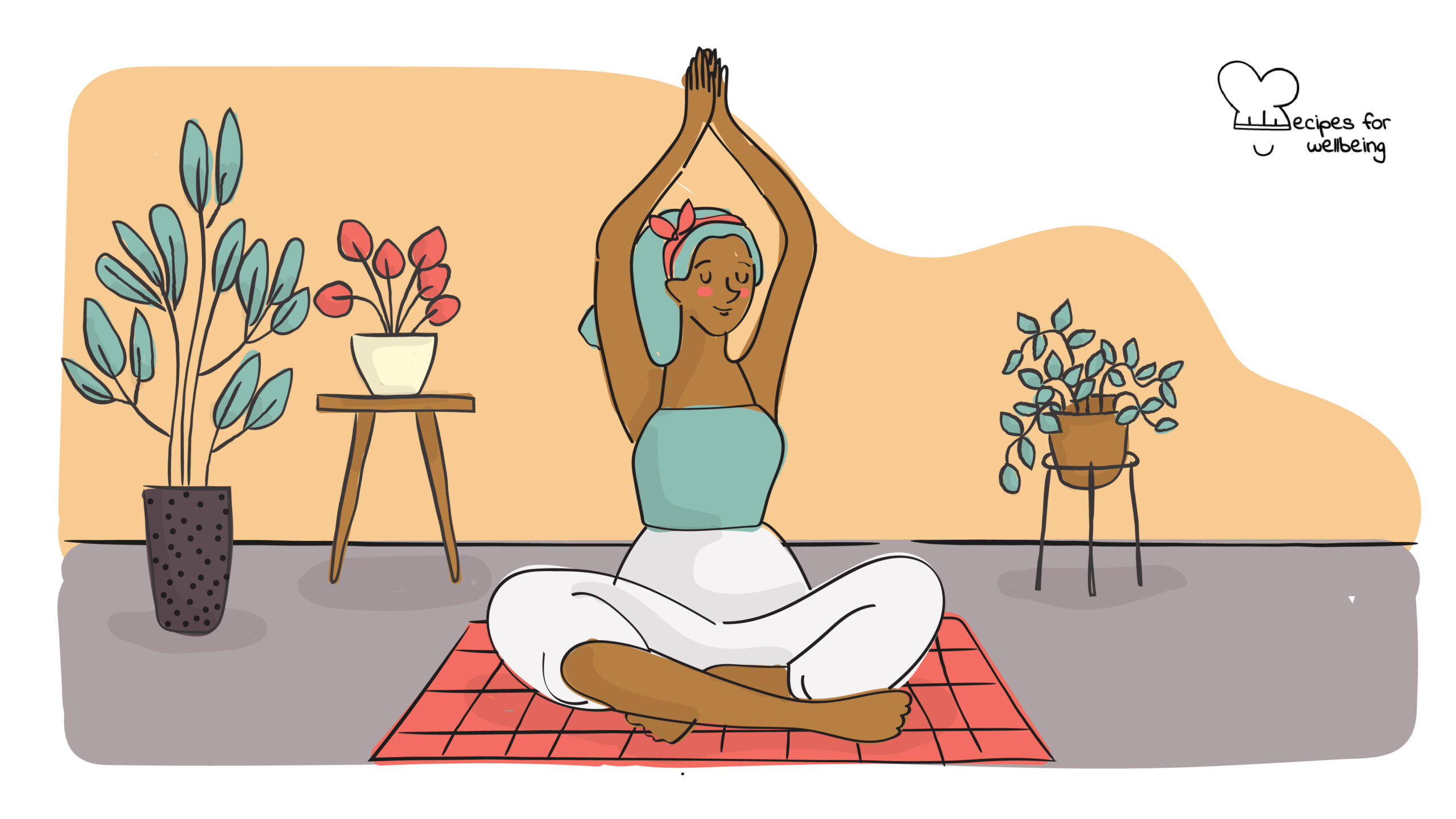 Illustration of a person sitting cross-legged on the floor in a meditative pose. © Recipes for Wellbeing