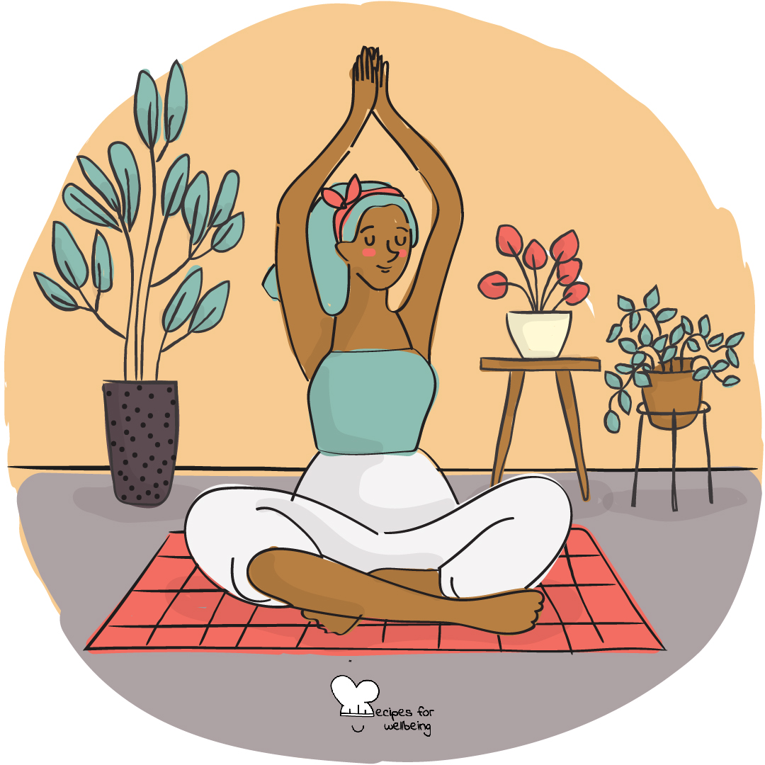 Illustration of a person sitting cross-legged on the floor in a meditative pose. © Recipes for Wellbeing