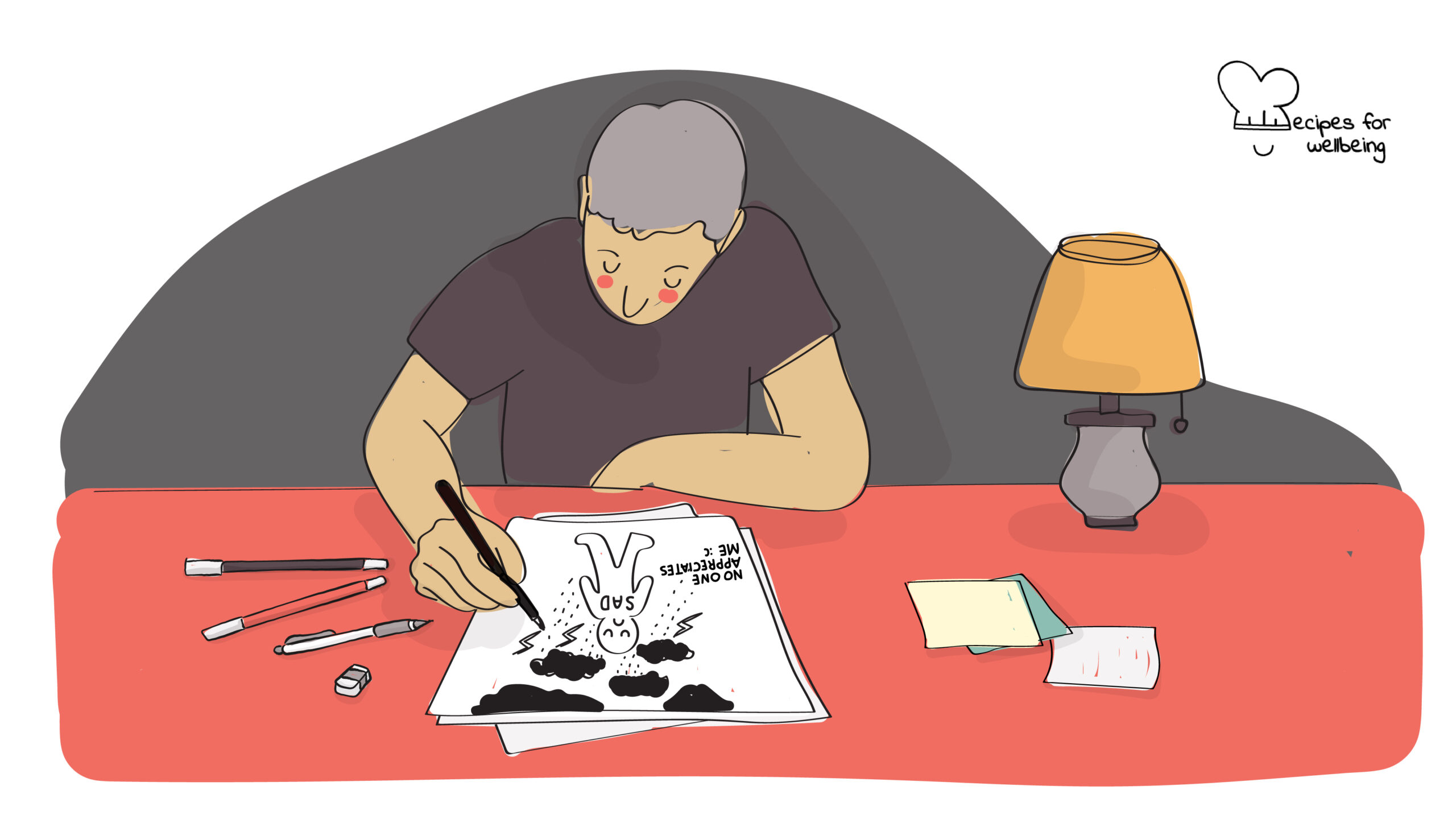 Illustration of a person drawing on a template with a figure of a child. © Recipes for Wellbeing