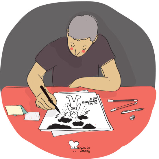 Illustration of a person drawing on a template with a figure of a child. © Recipes for Wellbeing
