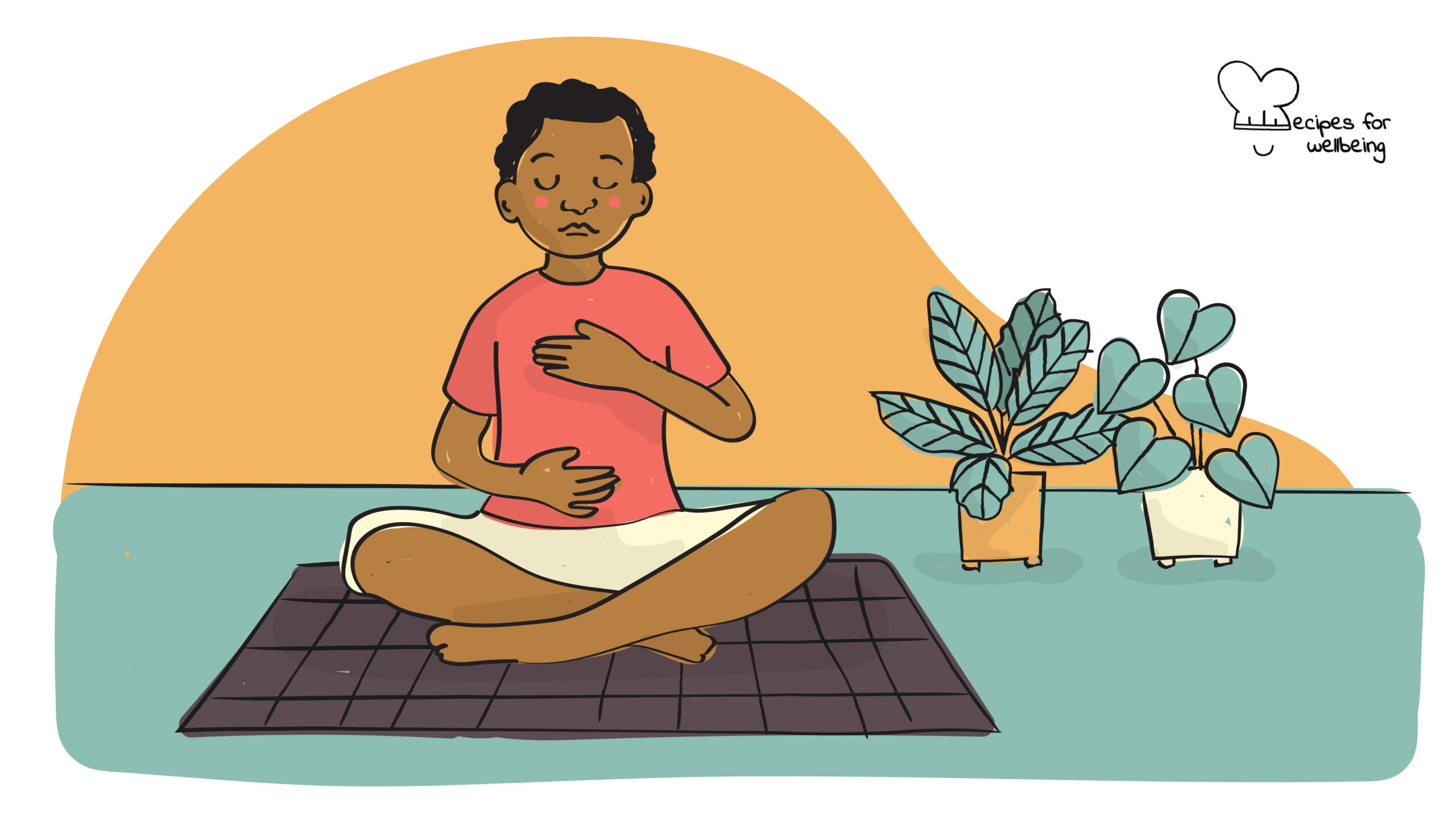 Illustration of a person sitting cross-legged with one hand resting on the chest and the other on the belly to feel the rising and falling sensations of the breath. © Recipes for Wellbeing