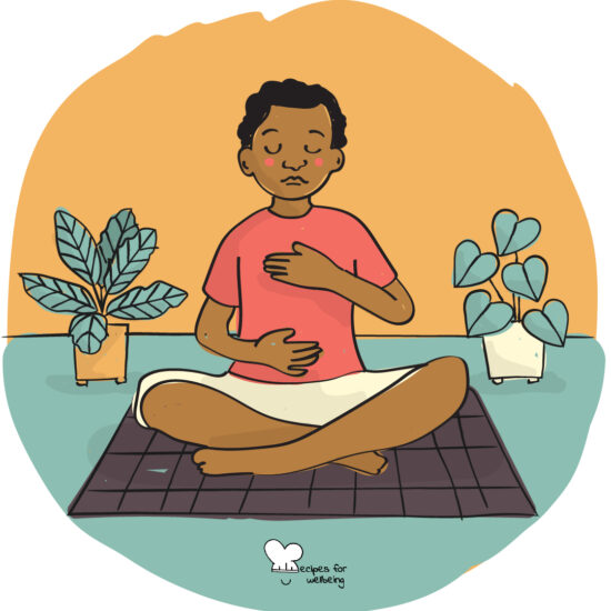 Illustration of a person sitting cross-legged with one hand resting on the chest and the other on the belly to feel the rising and falling sensations of the breath. © Recipes for Wellbeing