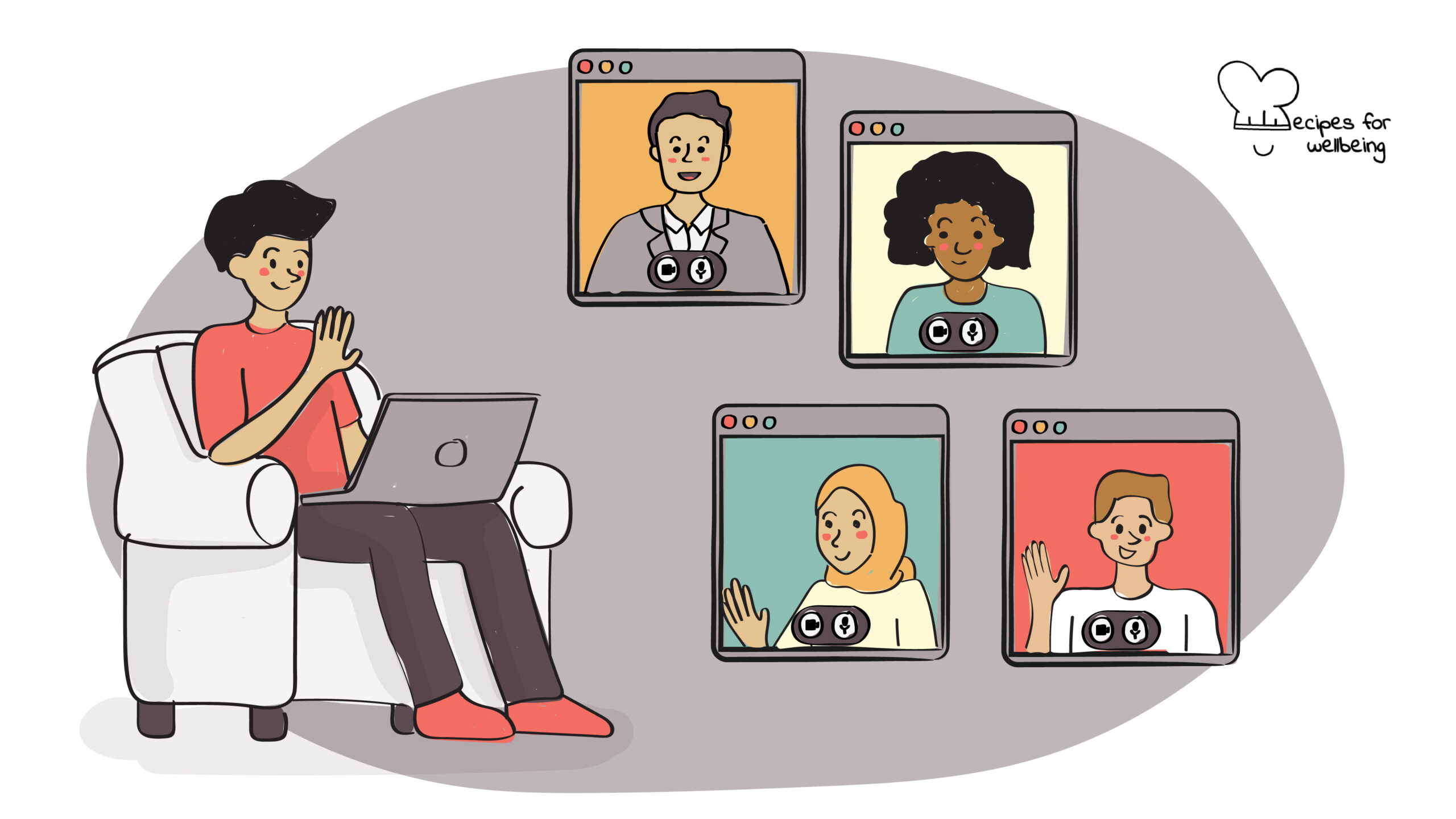 Illustration of a person sitting on a couch with a laptop connecting digitally with other four people. © Recipes for Wellbeing
