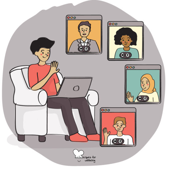 Illustration of a person sitting on a couch with a laptop connecting digitally with other four people. © Recipes for Wellbeing