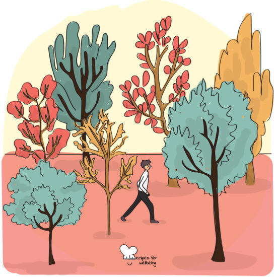 Illustration of a person walking in Nature surrounded by trees. © Recipes for Wellbeing