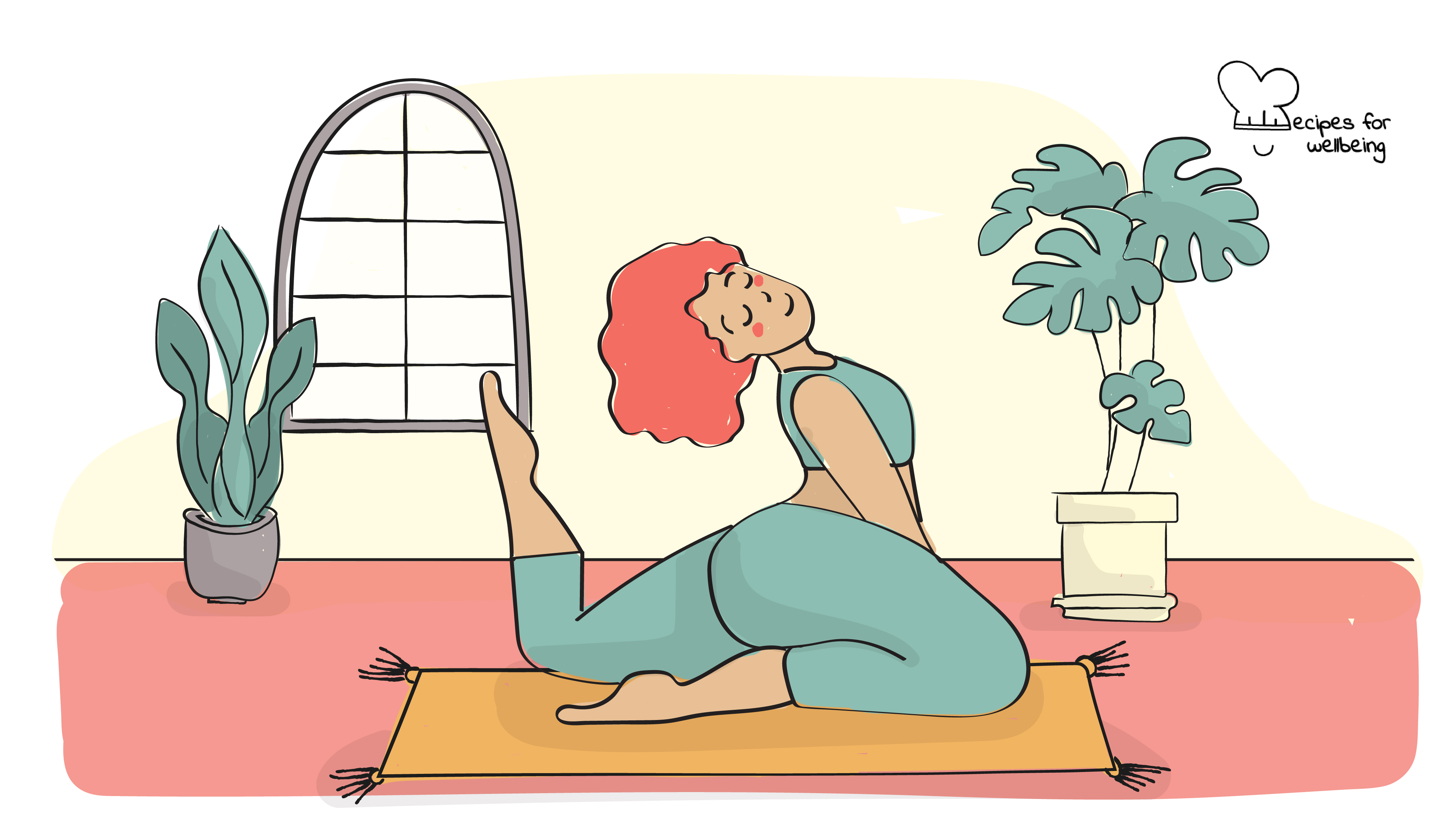 Illustration of a person in Eka Pada Rajakapotsana (king pigeon pose). © Recipes for Wellbeing