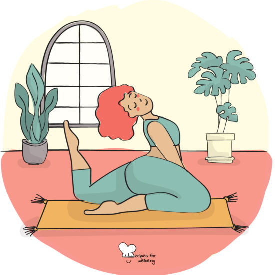 Illustration of a person in Eka Pada Rajakapotsana (king pigeon pose). © Recipes for Wellbeing