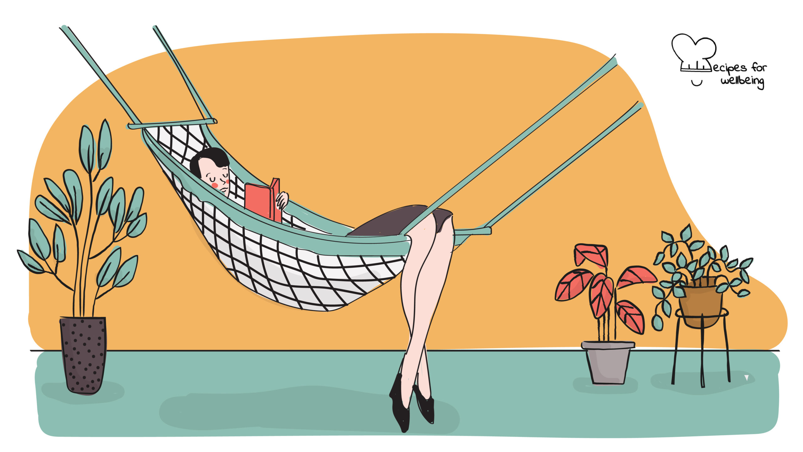 Illustration of a person writing in a diary whilst resting on a hammock. © Recipes for Wellbeing