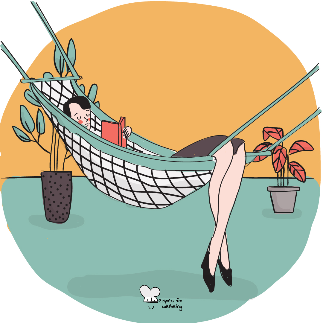 Illustration of a person writing in a diary whilst resting on a hammock. © Recipes for Wellbeing