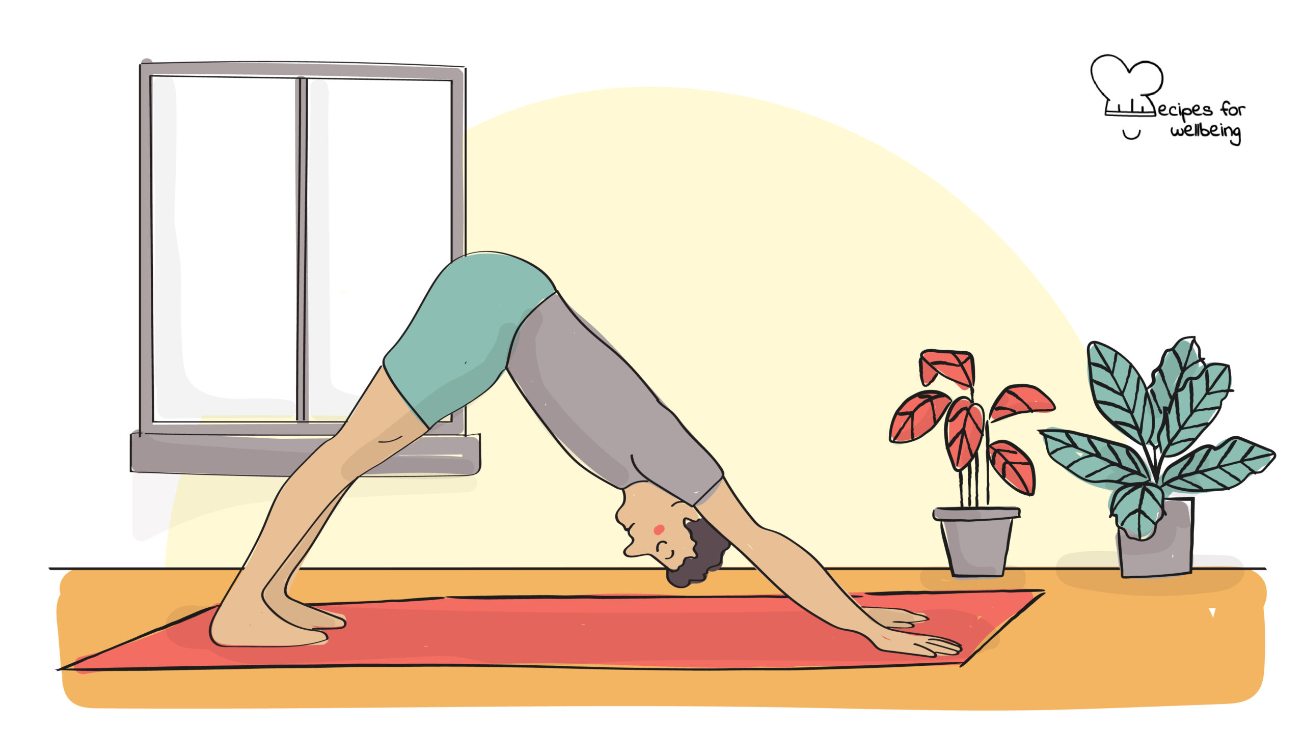 Illustration of a person in Adho Mukha Svanasana (downward-facing dog). © Recipes for Wellbeing