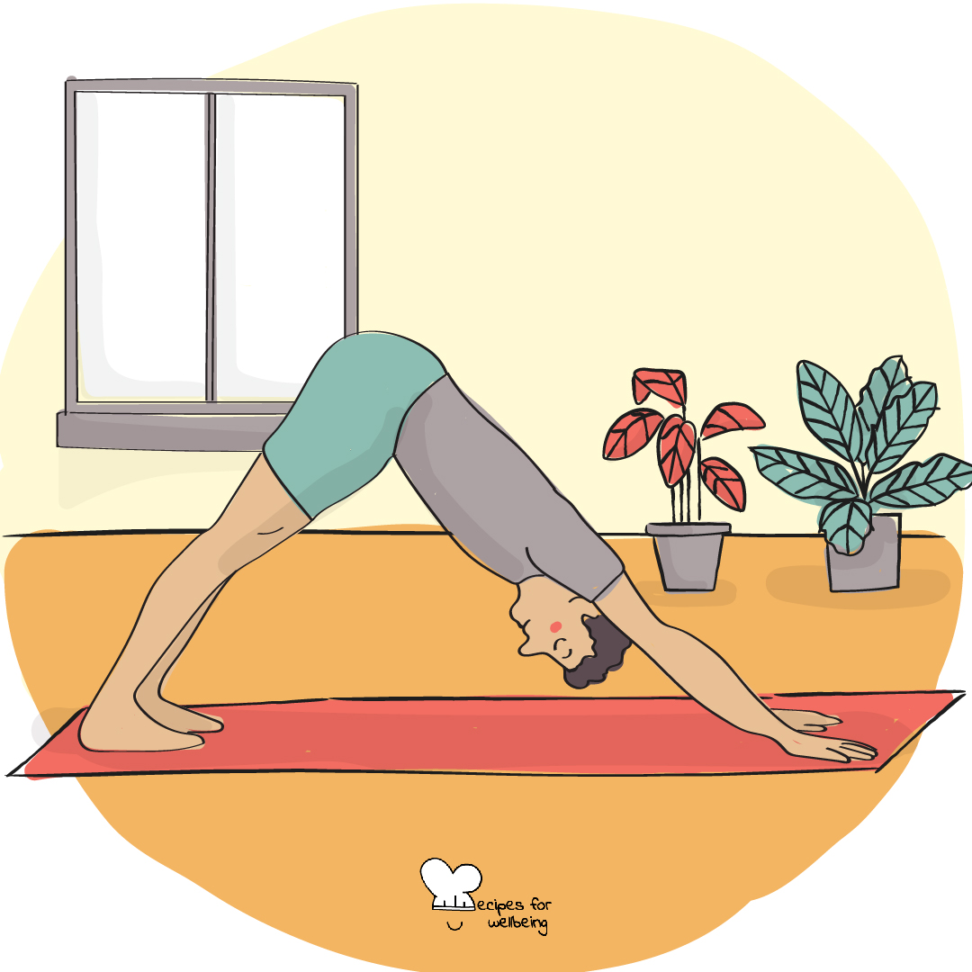 Illustration of a person in Adho Mukha Svanasana (downward-facing dog). © Recipes for Wellbeing