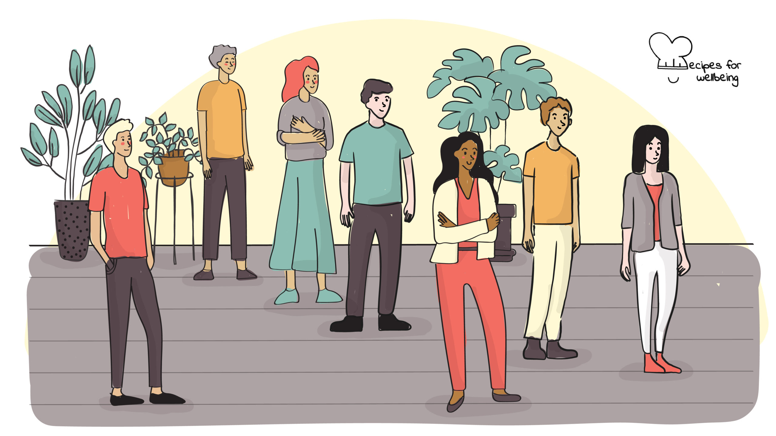 Illustration of people standing in different lines. © Recipes for Wellbeing