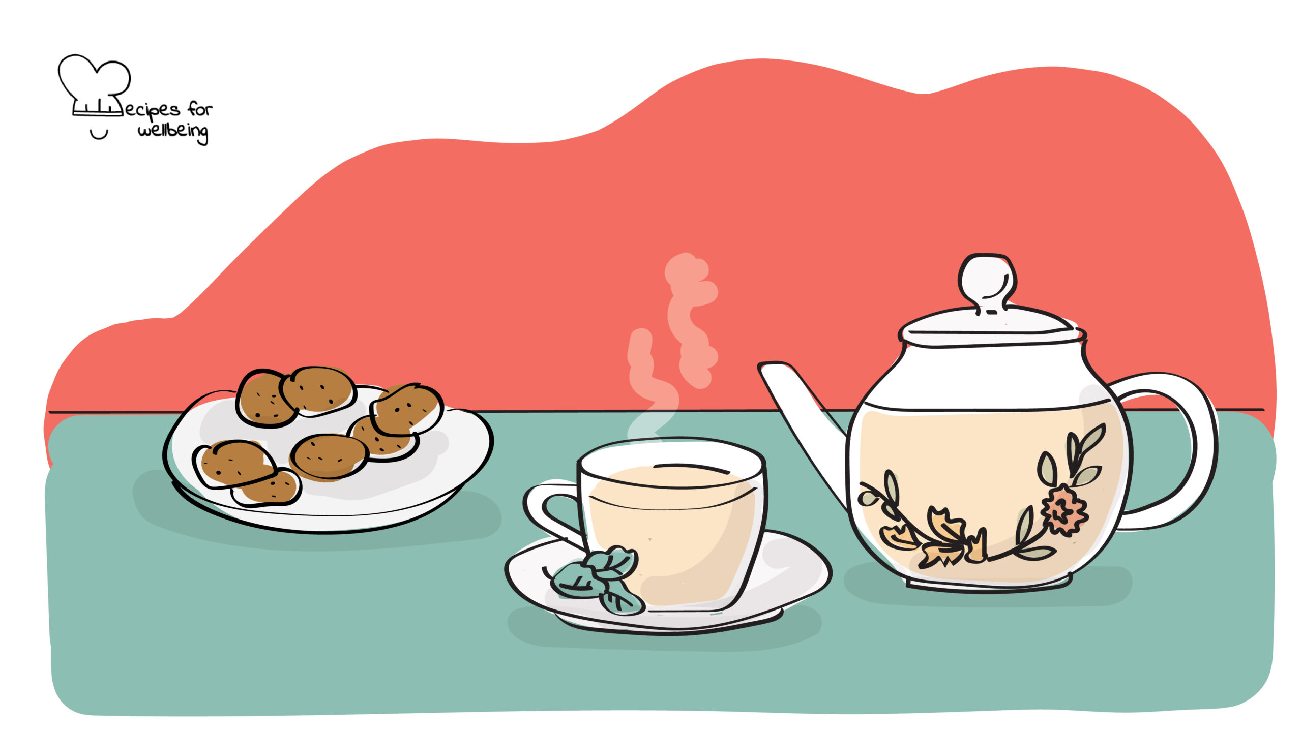 Illustration of a teapot and a tea cup with warm tea and a plate with biscuits. © Recipes for Wellbeing