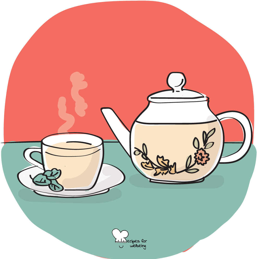 Illustration of a teapot and a tea cup with warm tea and a plate with biscuits. © Recipes for Wellbeing