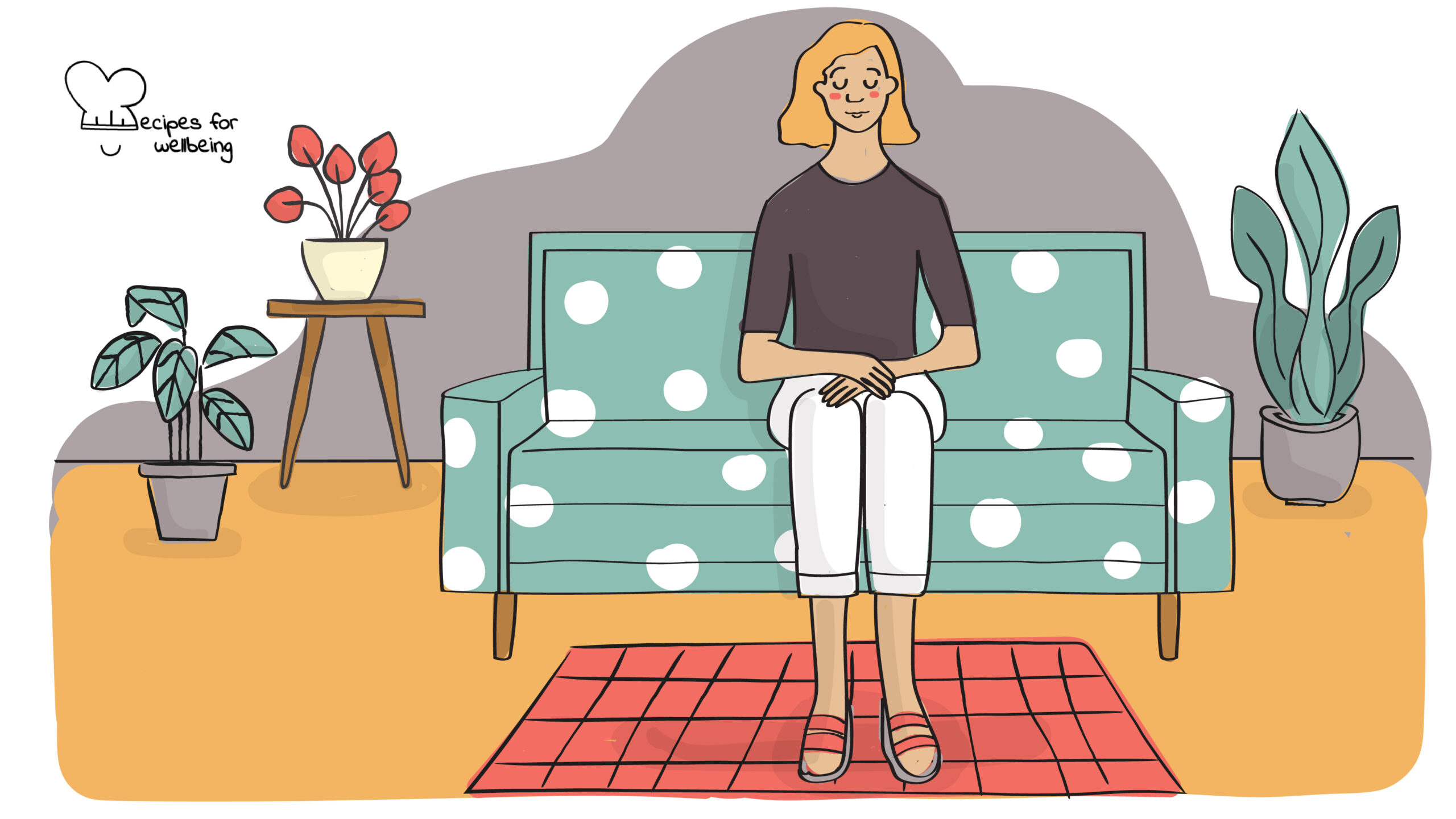 Illustration of a person sitting on a sofa in a meditative pose (eyes closed, hands resting on the legs and feet planted on the floor). © Recipes for Wellbeing