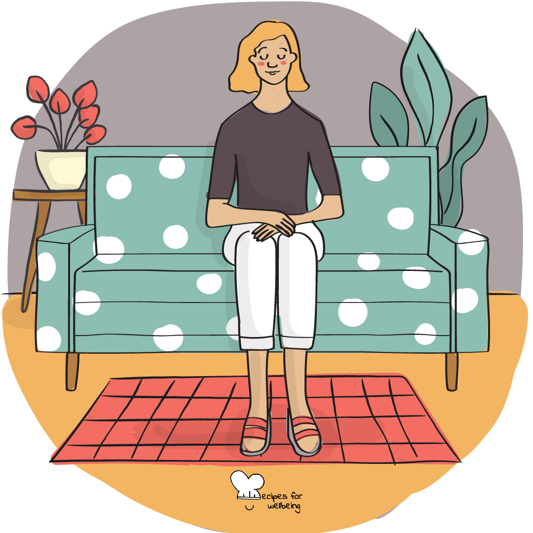 Illustration of a person sitting on a sofa in a meditative pose (eyes closed, hands resting on the legs and feet planted on the floor). © Recipes for Wellbeing