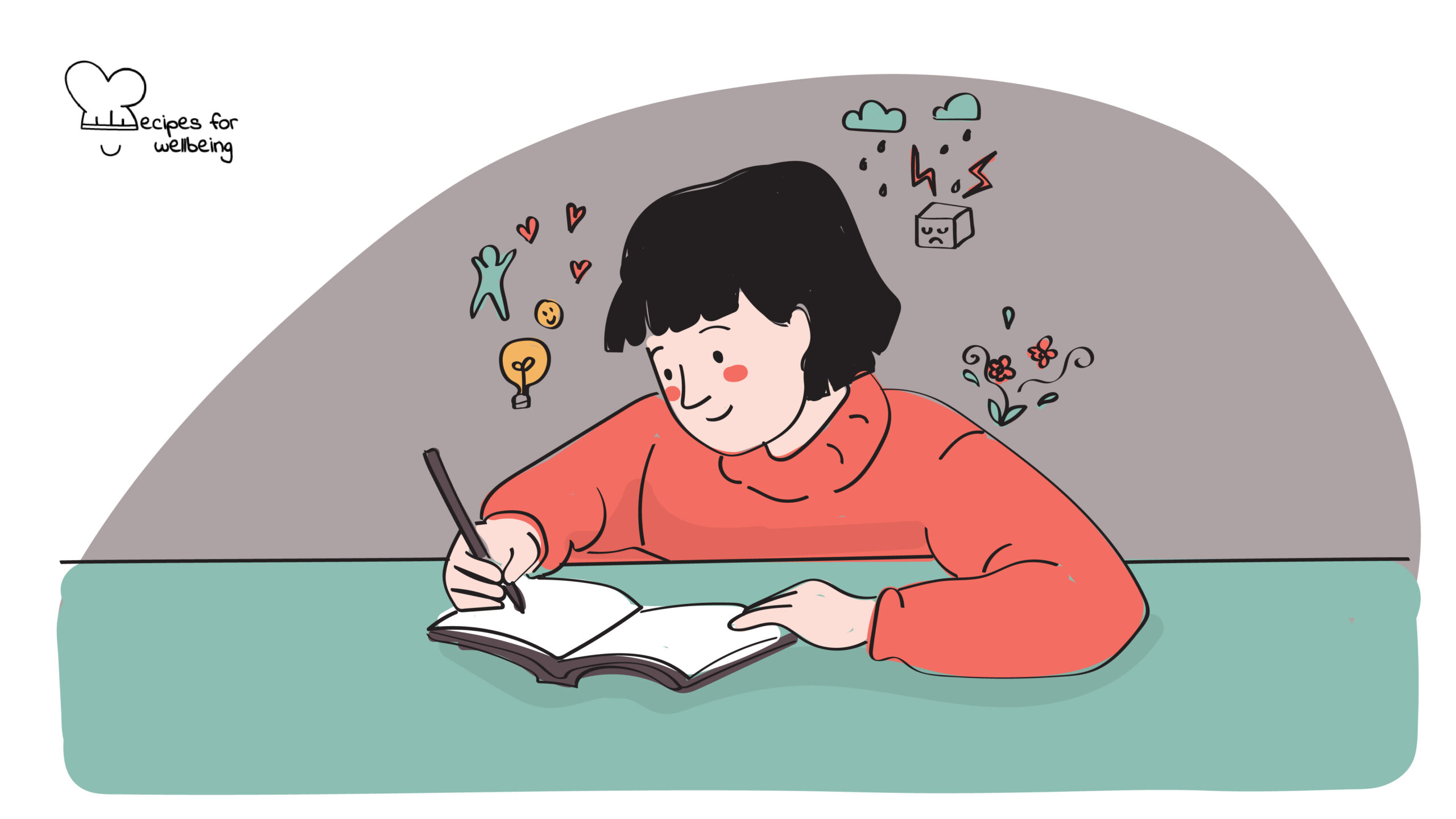 Illustration of a person writing in a notebook. © Recipes for Wellbeing