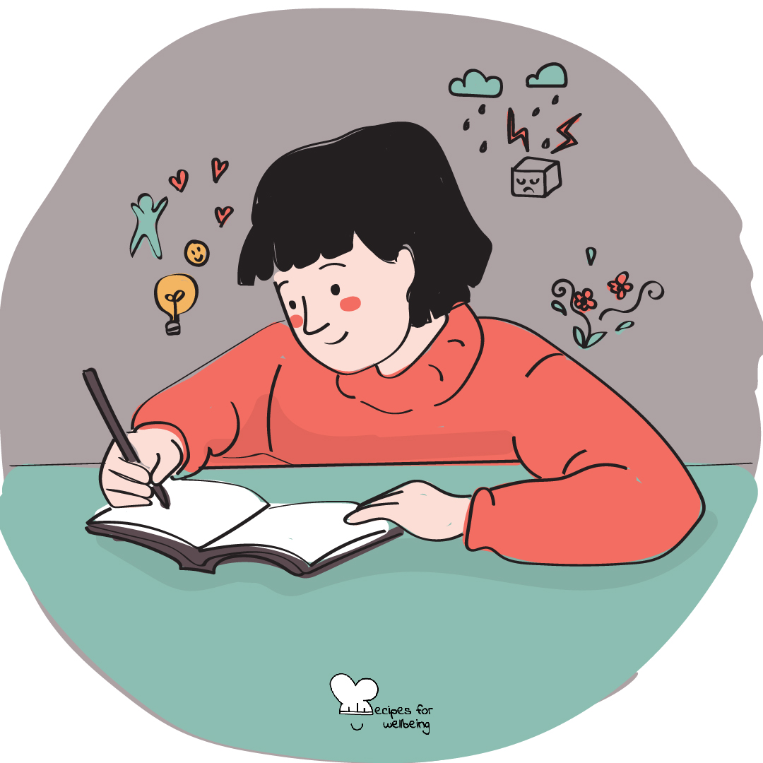 Illustration of a person writing in a notebook. © Recipes for Wellbeing