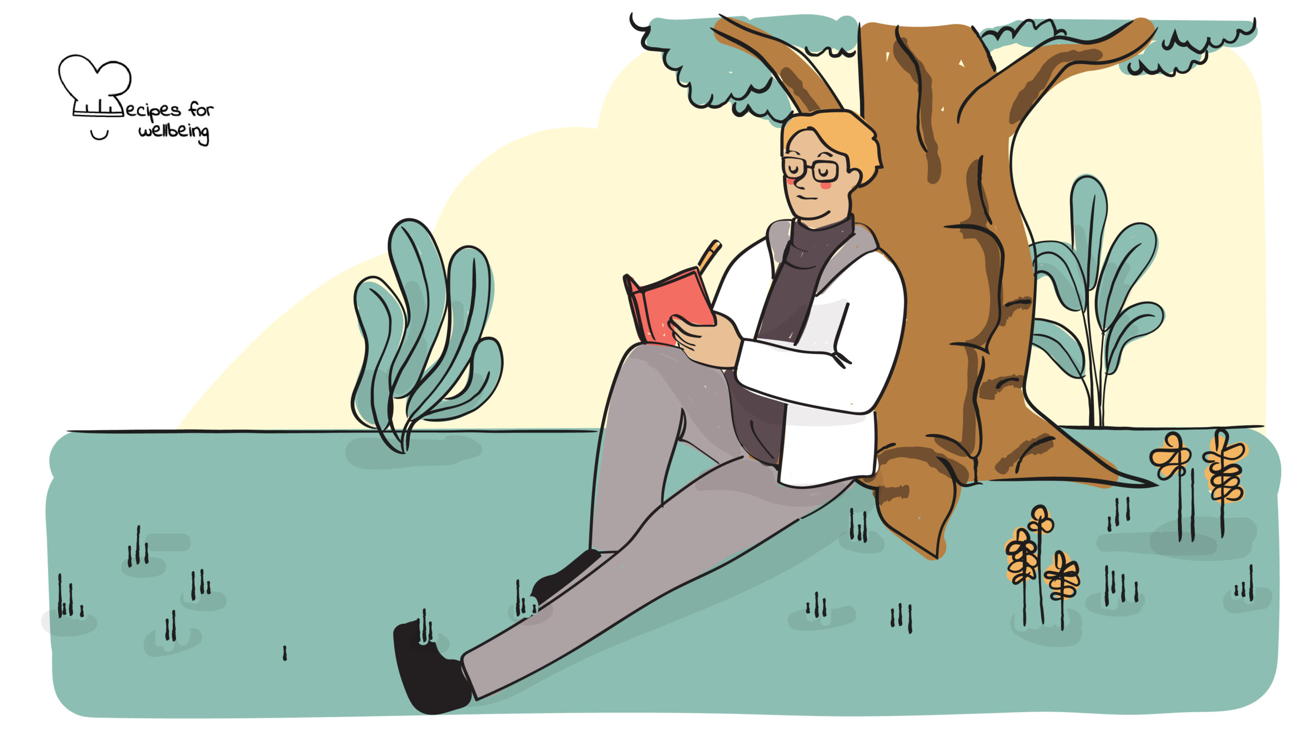 Illustration of a person writing in a notebook whilst sitting under a tree. © Recipes for Wellbeing
