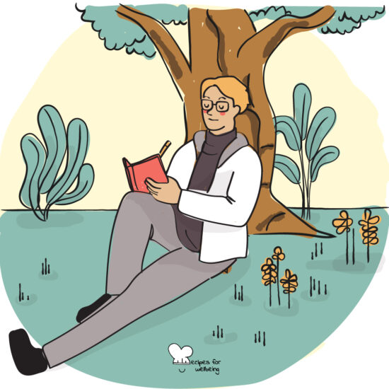 Illustration of a person writing in a notebook whilst sitting under a tree. © Recipes for Wellbeing