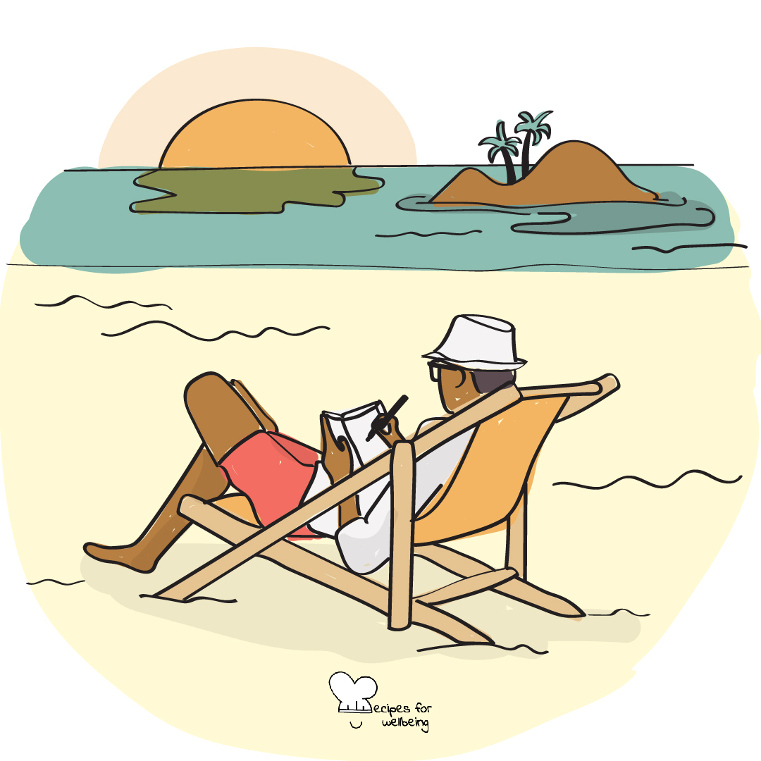 Illustration of a person writing in a notebook whilst sitting on the beach at sunset. © Recipes for Wellbeing