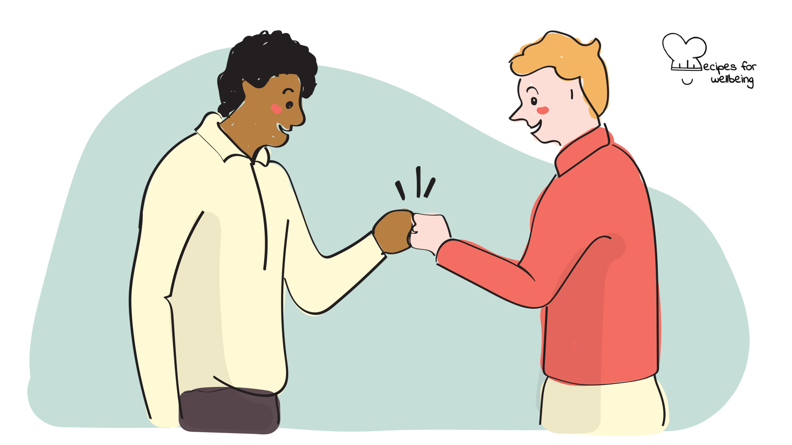 Illustration of a white person and a person of colour bumping their fists together. © Recipes for Wellbeing