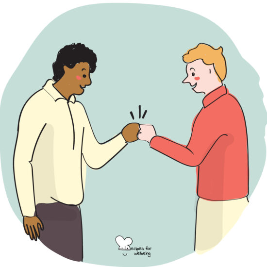Illustration of a white person and a person of colour bumping their fists together. © Recipes for Wellbeing