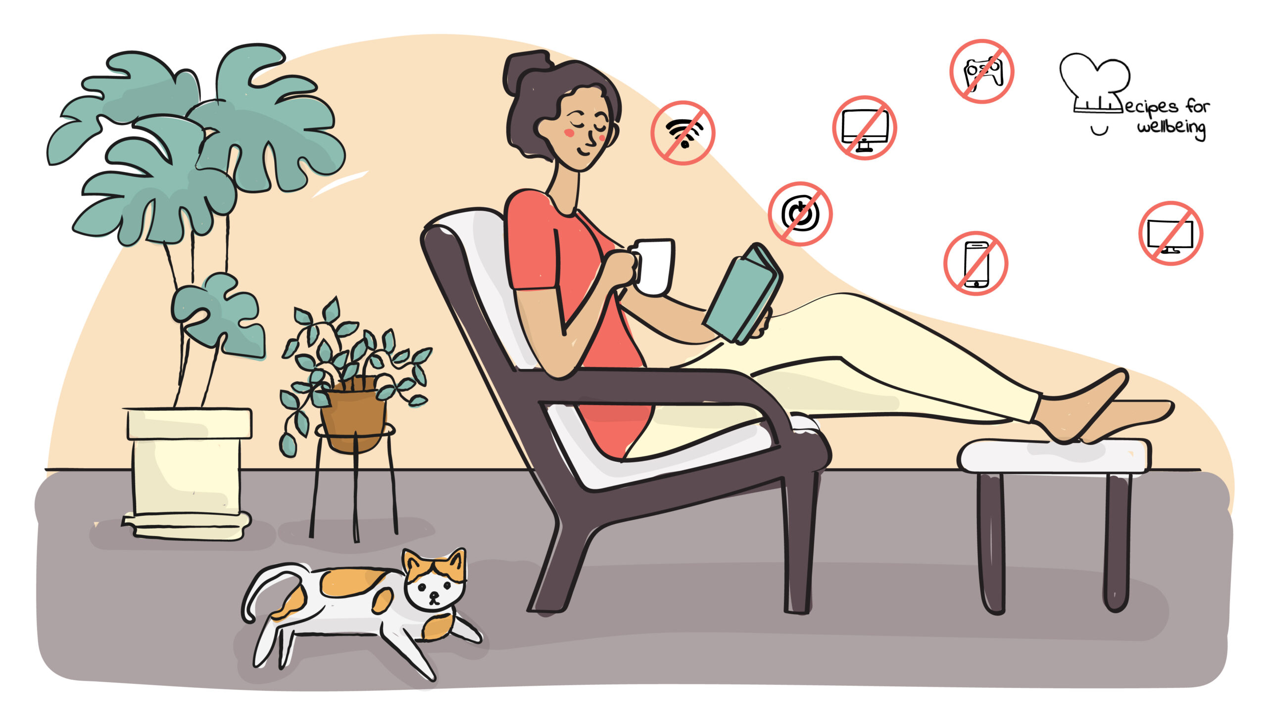 Illustration of a person sitting on a couch chair enjoying a digital detox. © Recipes for Wellbeing