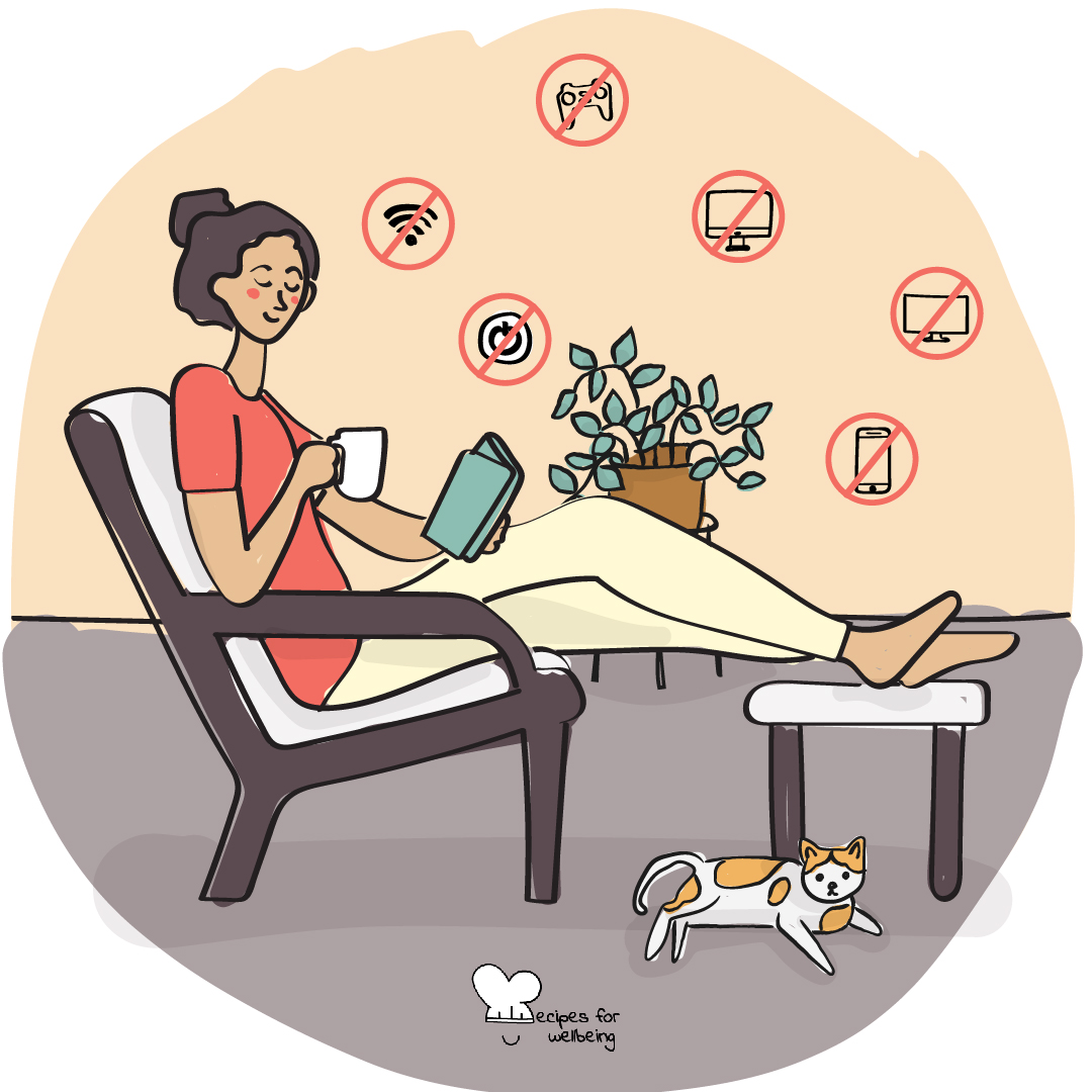 Illustration of a person sitting on a couch chair enjoying a digital detox. © Recipes for Wellbeing