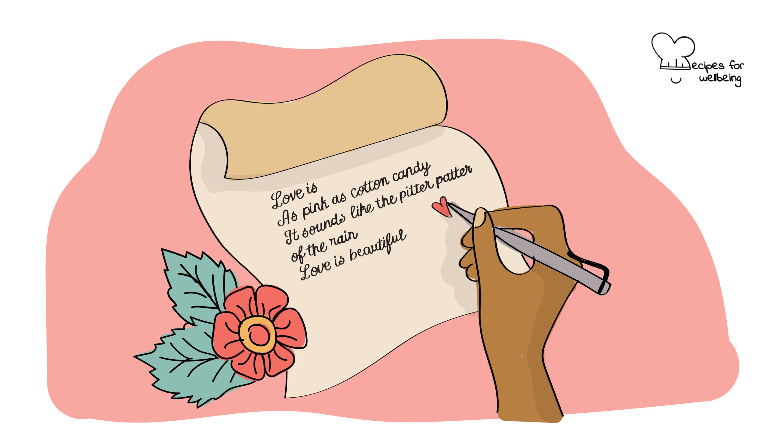 Illustration of a person's hand writing a poem about love. © Recipes for Wellbeing