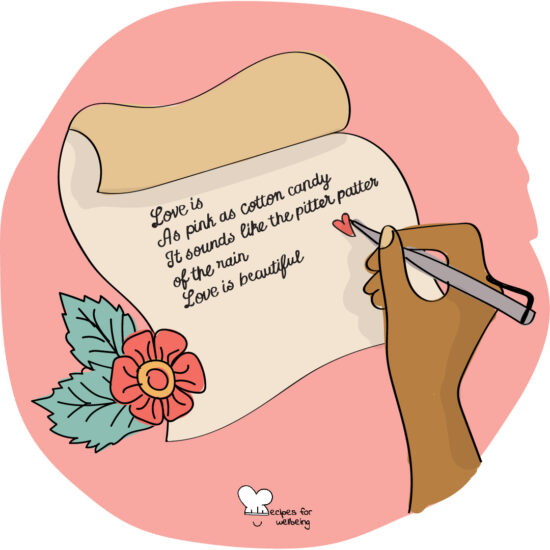 Illustration of a person's hand writing a poem about love. © Recipes for Wellbeing