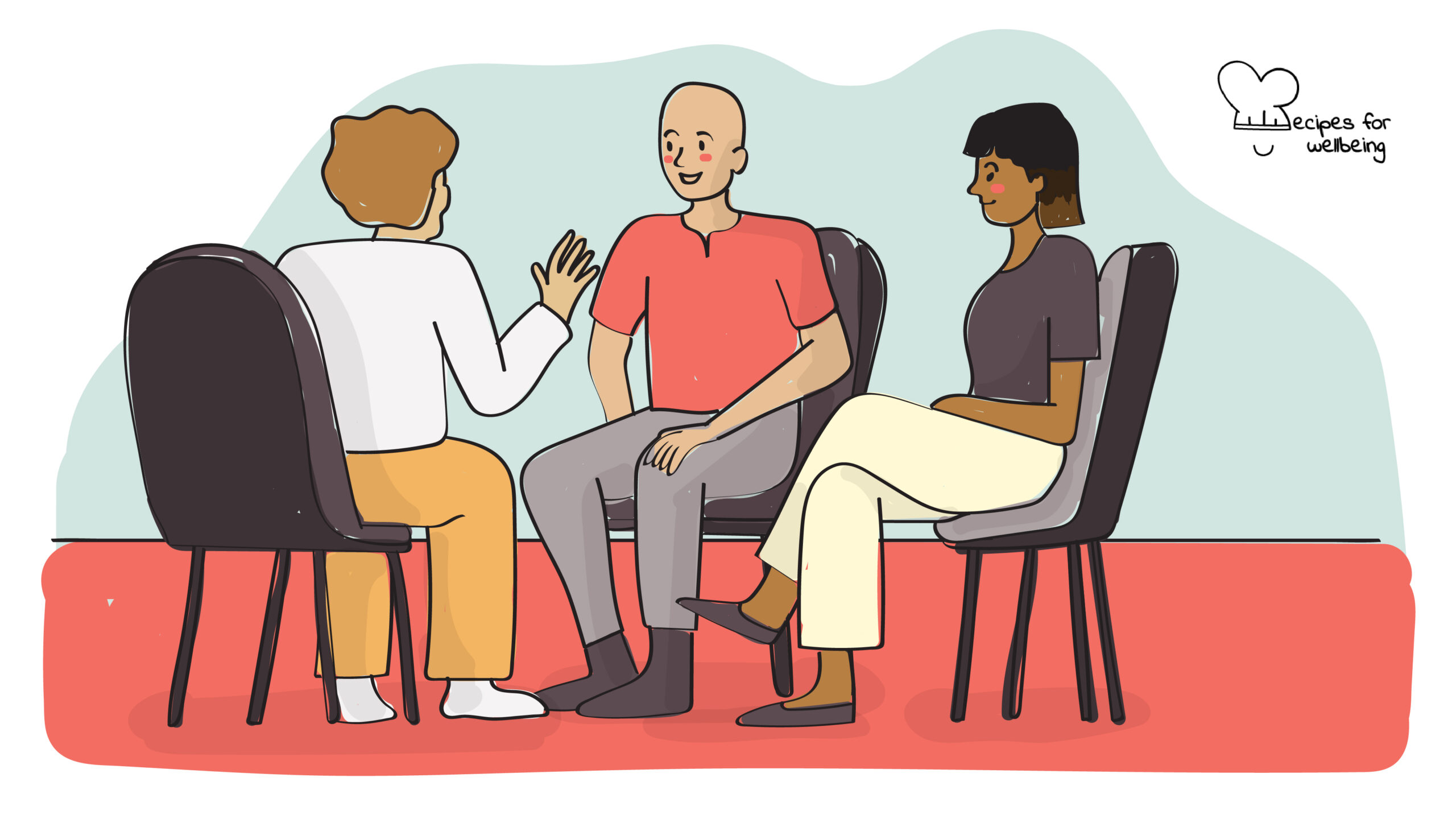 Illustration of 3 people sitting on chairs talking to one another. © Recipes for Wellbeing