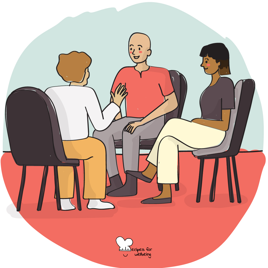 Illustration of 3 people sitting on chairs talking to one another. © Recipes for Wellbeing