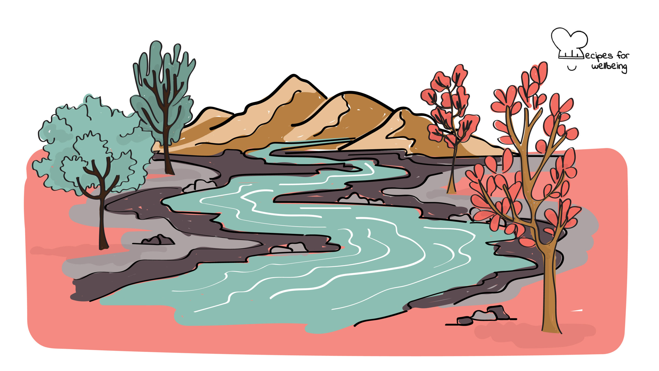 Illustration of a river flowing from the mountains into the valley. © Recipes for Wellbeing