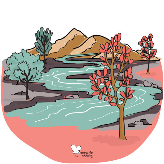 Illustration of a river flowing from the mountains into the valley. © Recipes for Wellbeing