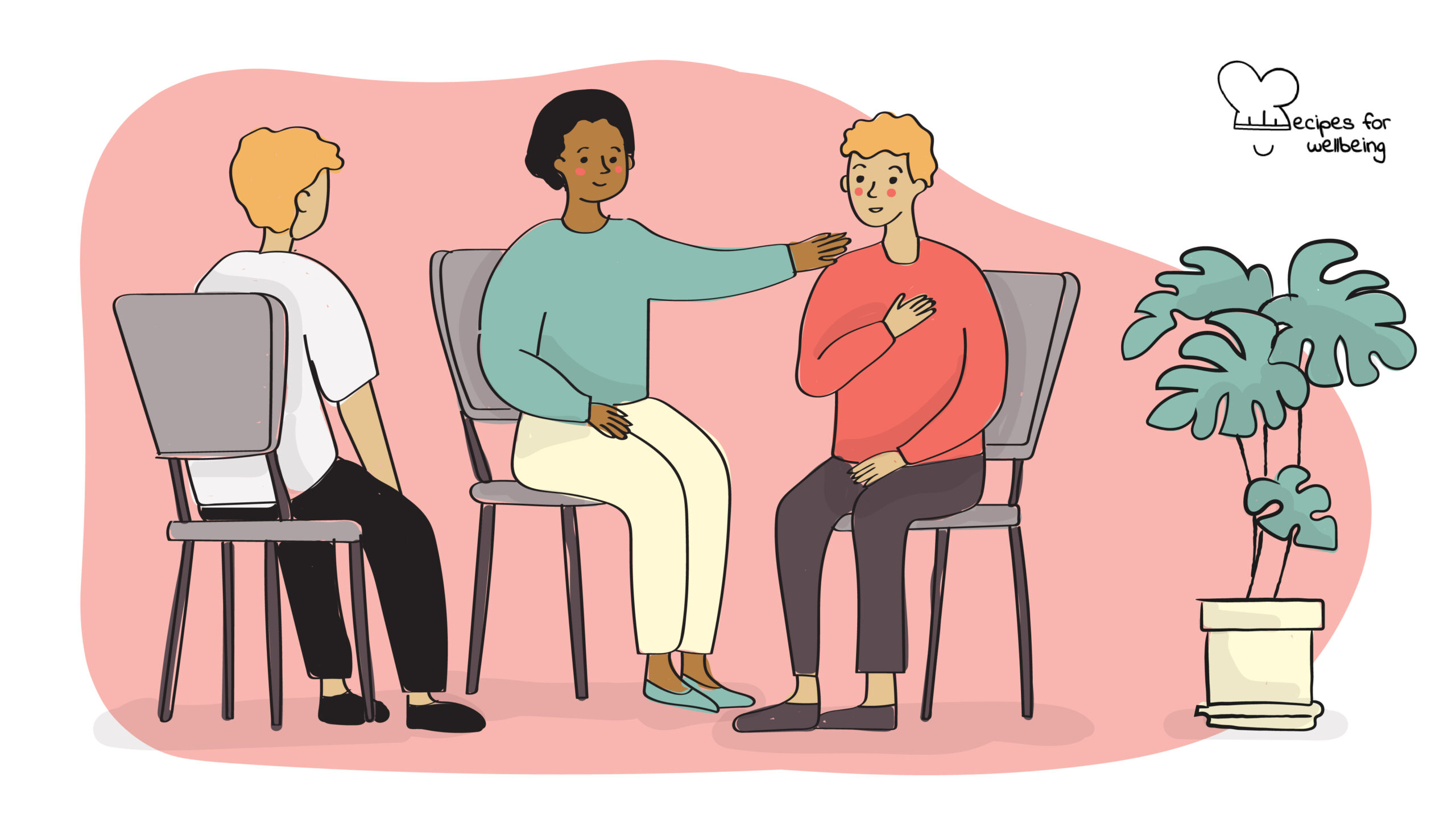 Illustration of three people sitting on chairs (two facing each other and the third in the middle facing the other two). © Recipes for Wellbeing