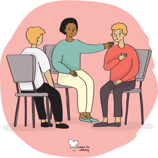 Illustration of three people sitting on chairs (two facing each other and the third in the middle facing the other two). © Recipes for Wellbeing