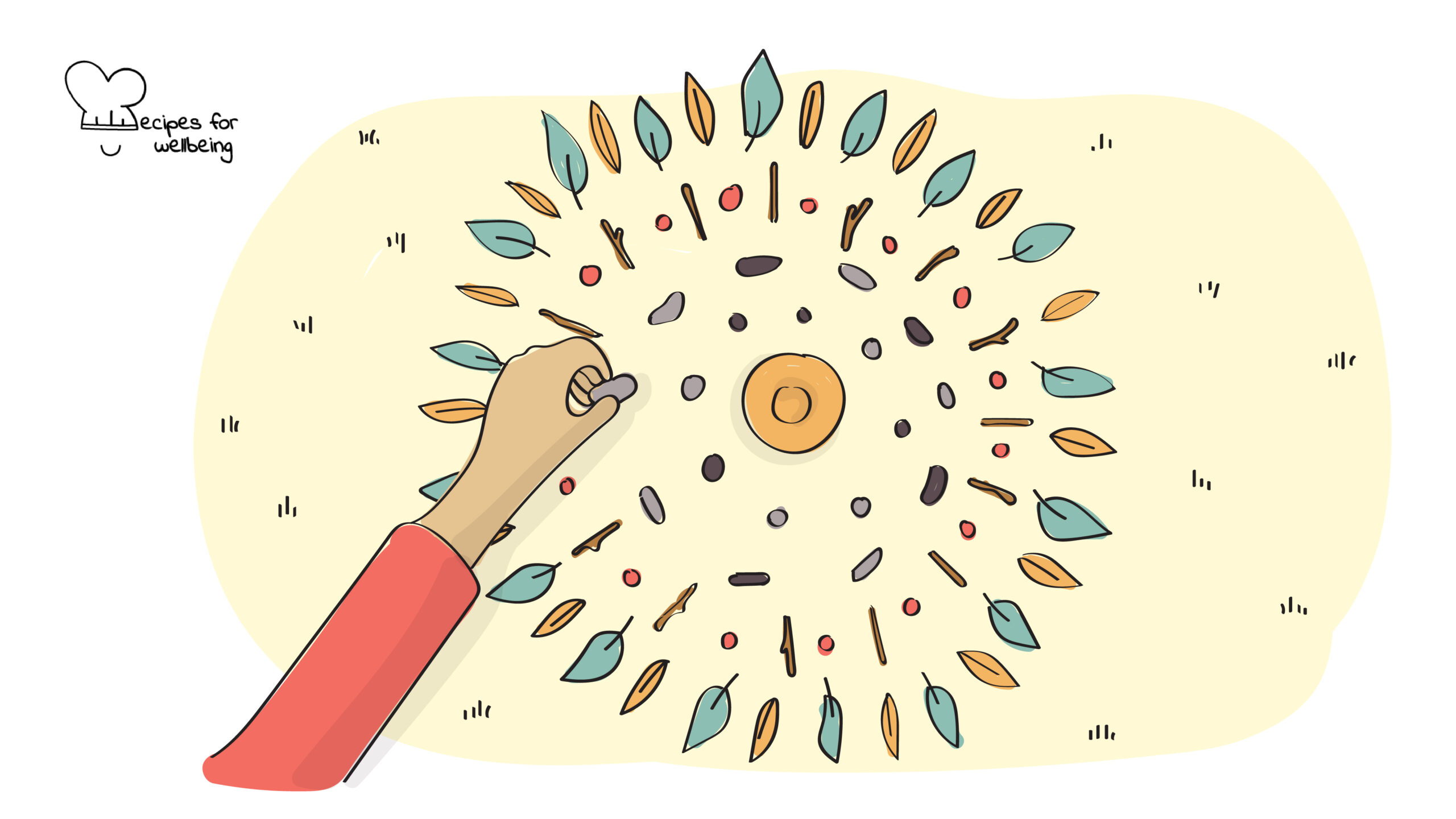 Illustration of a mandala made with pebbles, dry leaves, sticks, and an empty bowl. © Recipes for Wellbeing