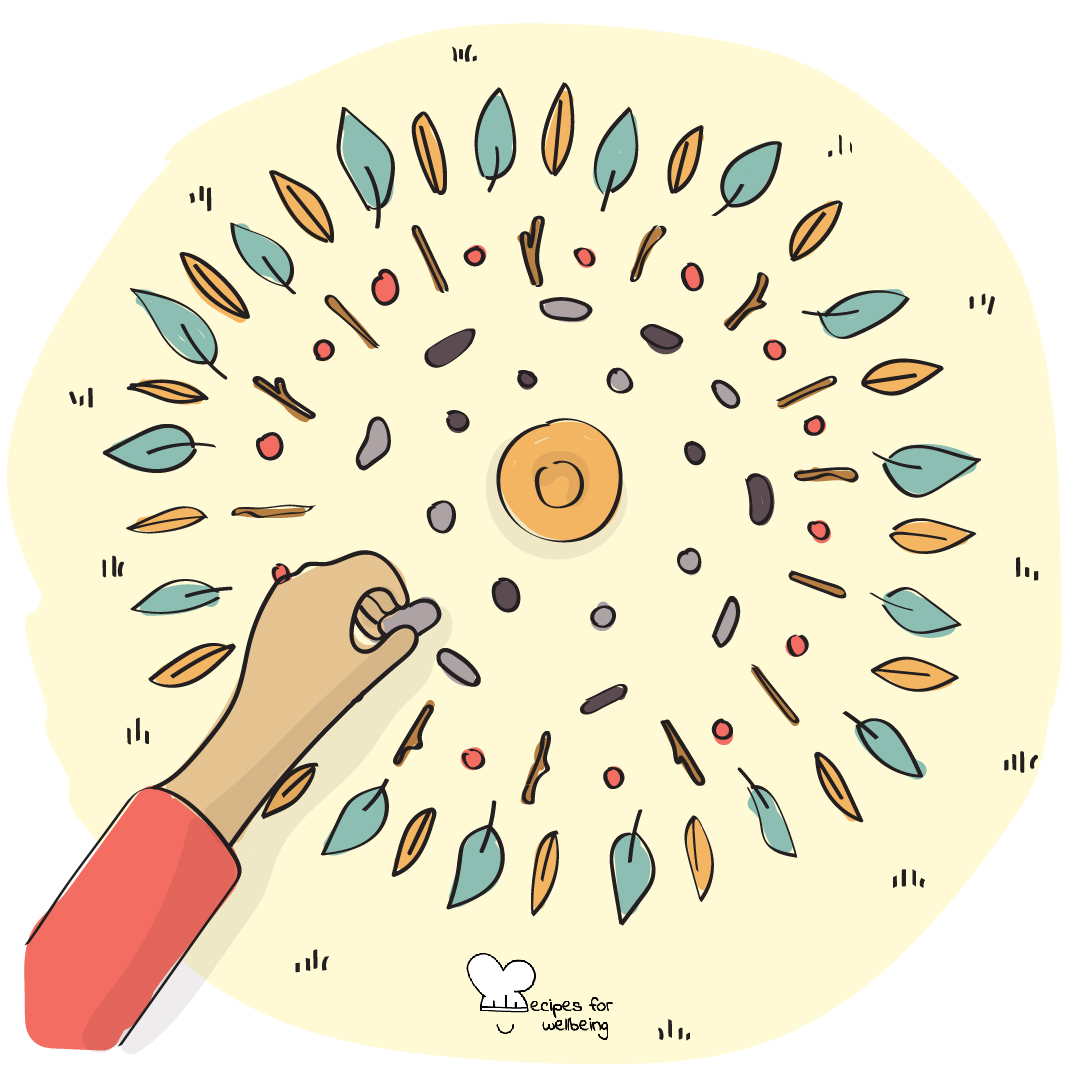 Illustration of a mandala made with pebbles, dry leaves, sticks, and an empty bowl. © Recipes for Wellbeing