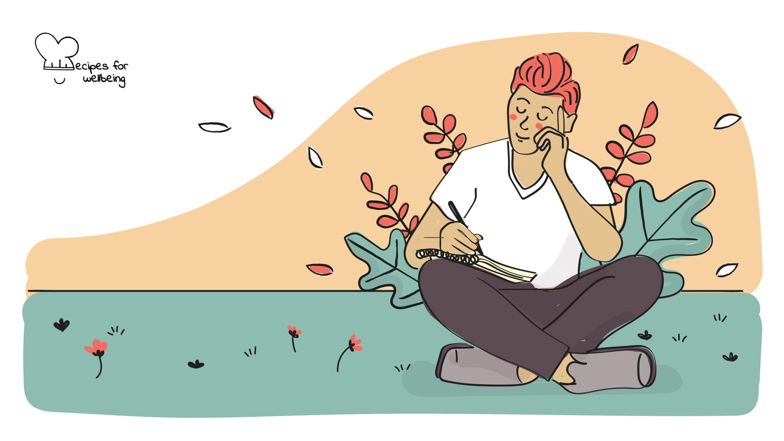 Illustration of a person writing a letter whilst sitting cross-legged outdoors. © Recipes for Wellbeing