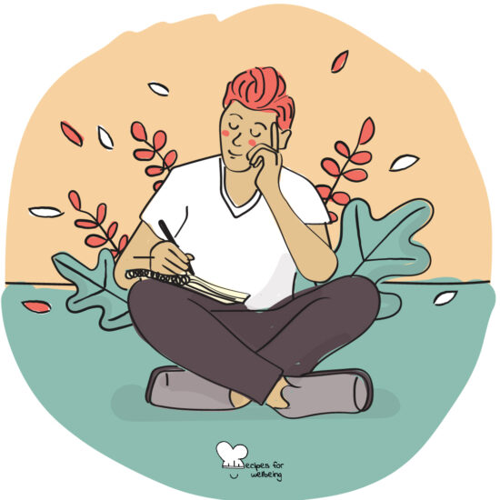 Illustration of a person writing a letter whilst sitting cross-legged outdoors. © Recipes for Wellbeing