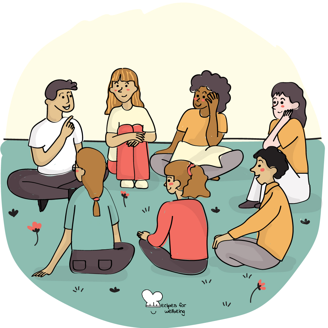 Illustration of a group of 6 people sitting in a circle outdoors. © Recipes for Wellbeing