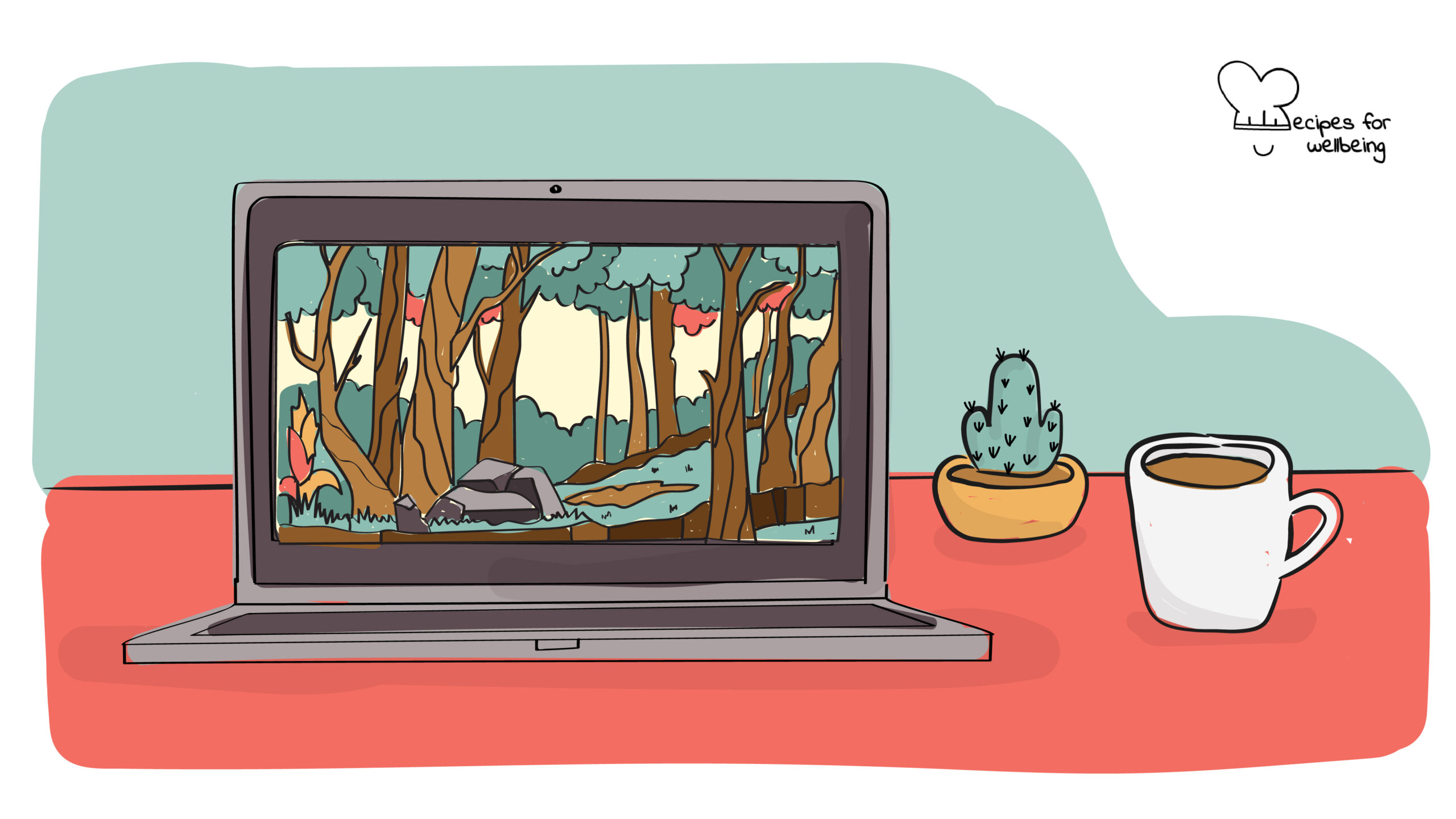 Illustration of a laptop displaying a virtual Nature walk in the forest. © Recipes for Wellbeing