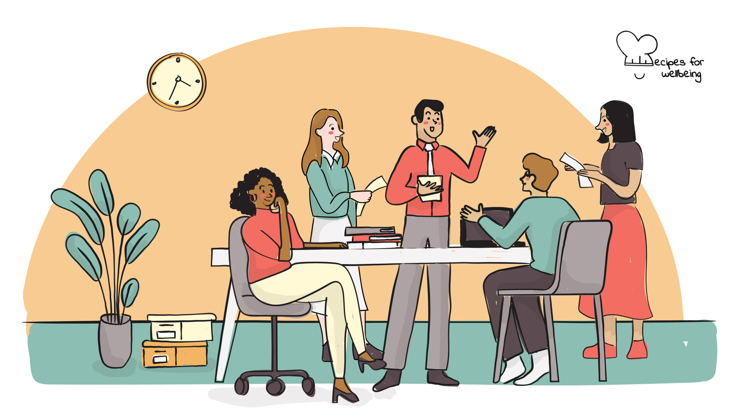 Illustration of 5 people sitting or standing around a table in an office setting. © Recipes for Wellbeing